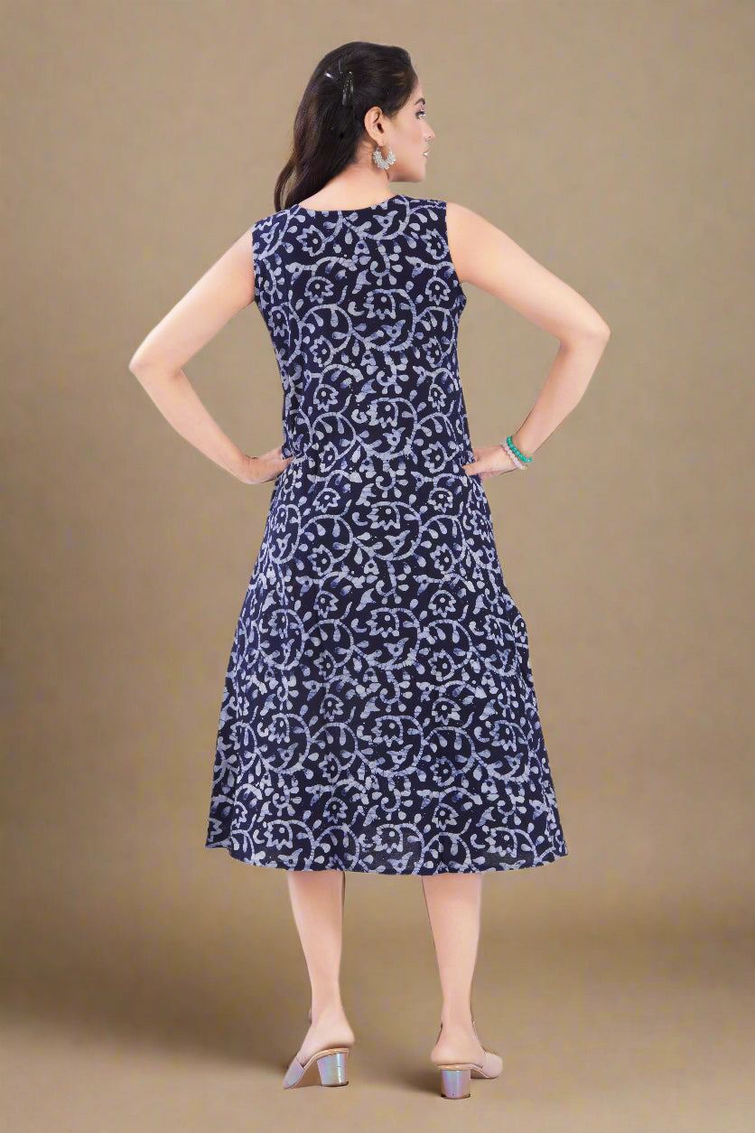 Navy Blue Cotton Batik Dress for Women