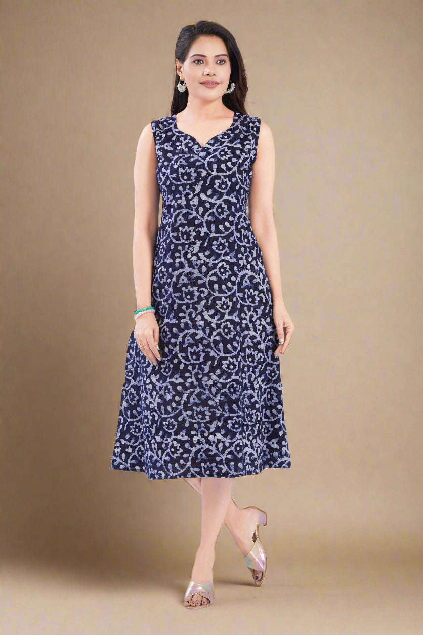 Navy Blue Cotton Batik Dress for Women