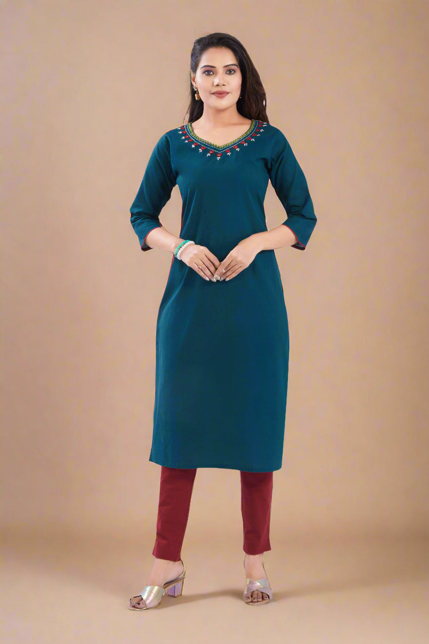 Vismi Teal Green Handloom Cotton Mirror Work Kurti