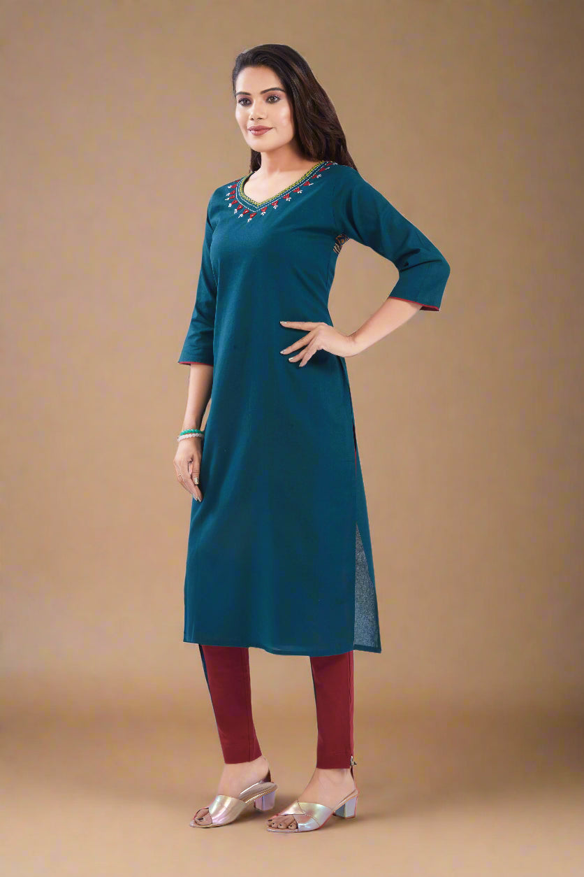 Vismi Teal Green Handloom Cotton Mirror Work Kurti