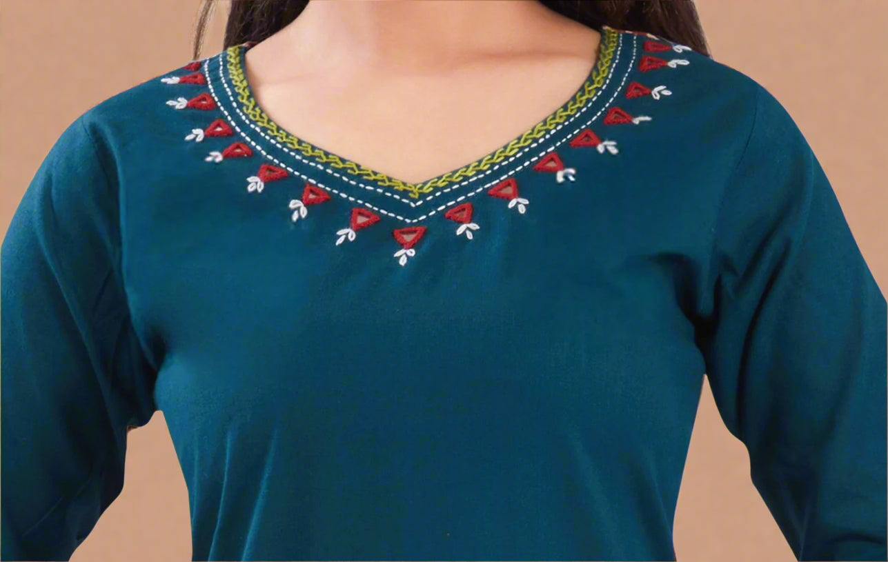 Vismi Teal Green Handloom Cotton Mirror Work Kurti
