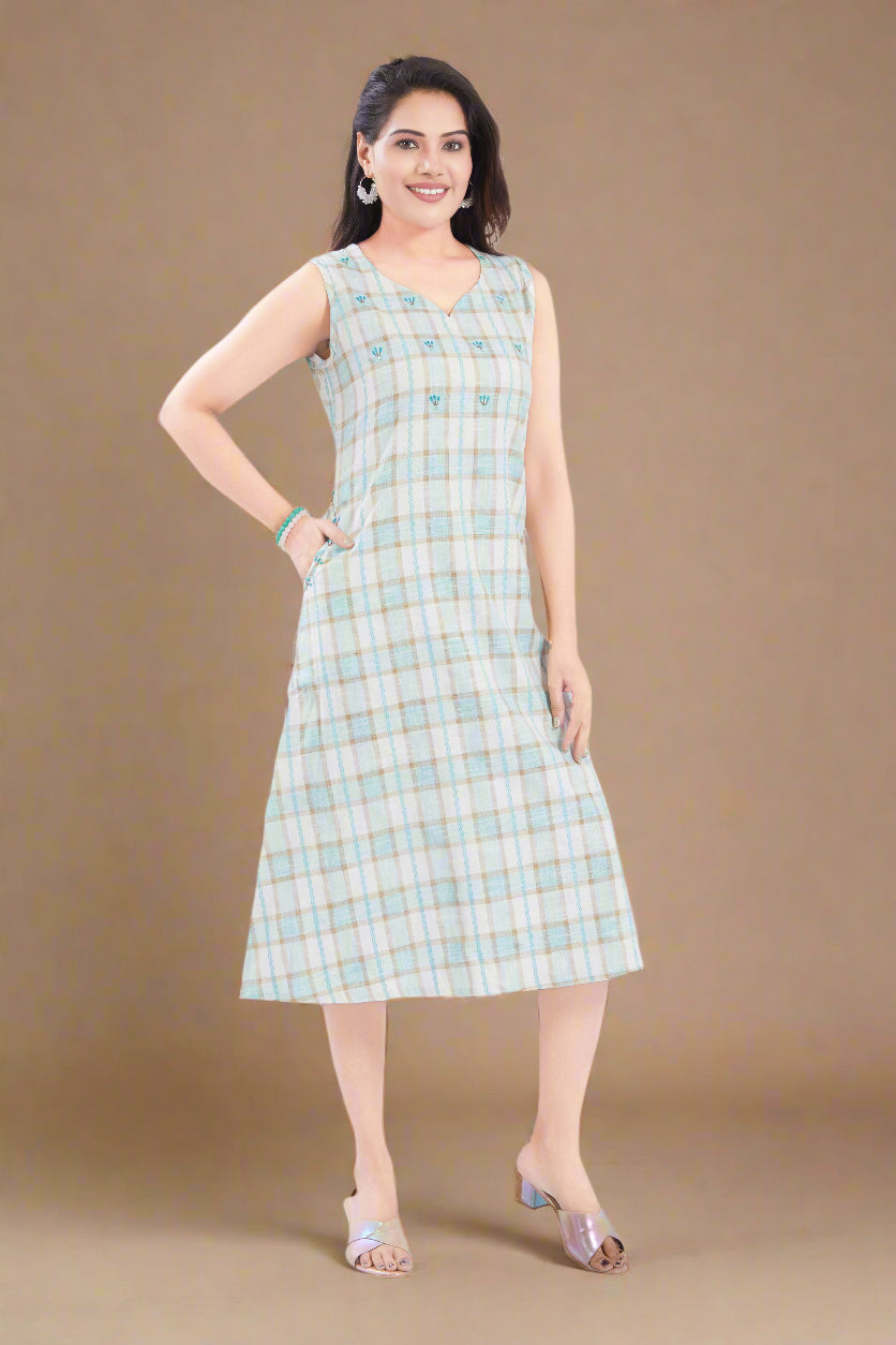 Blue Checks Handloom Cotton Midi Dress with Pocket