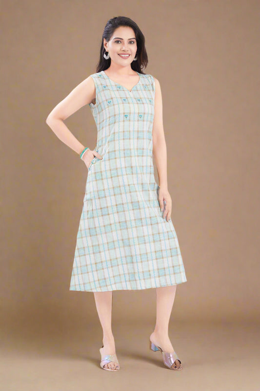 Blue Checks Handloom Cotton Midi Dress with Pocket