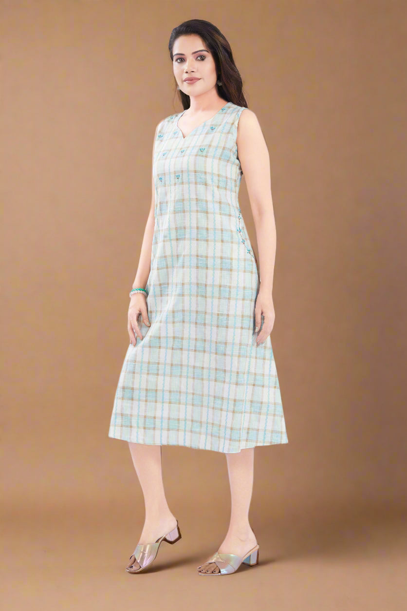 Blue Checks Handloom Cotton Midi Dress with Pocket