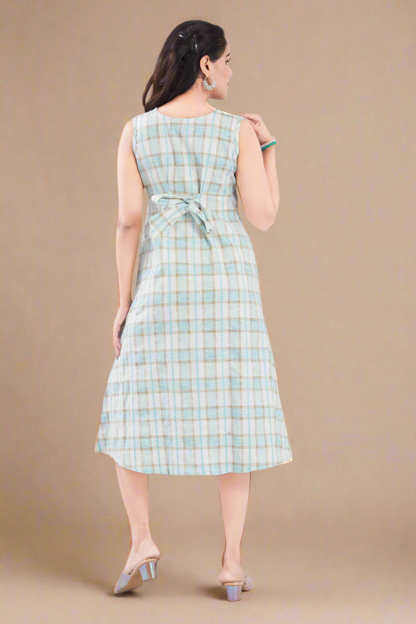 Blue Checks Handloom Cotton Midi Dress with Pocket