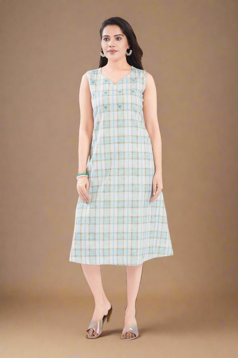 Blue Checks Handloom Cotton Midi Dress with Pocket