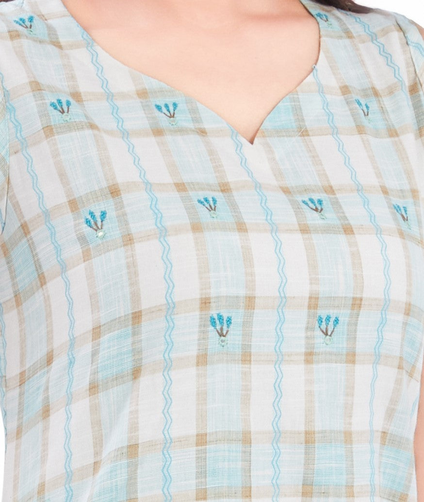 Blue Checks Handloom Cotton Midi Dress with Pocket