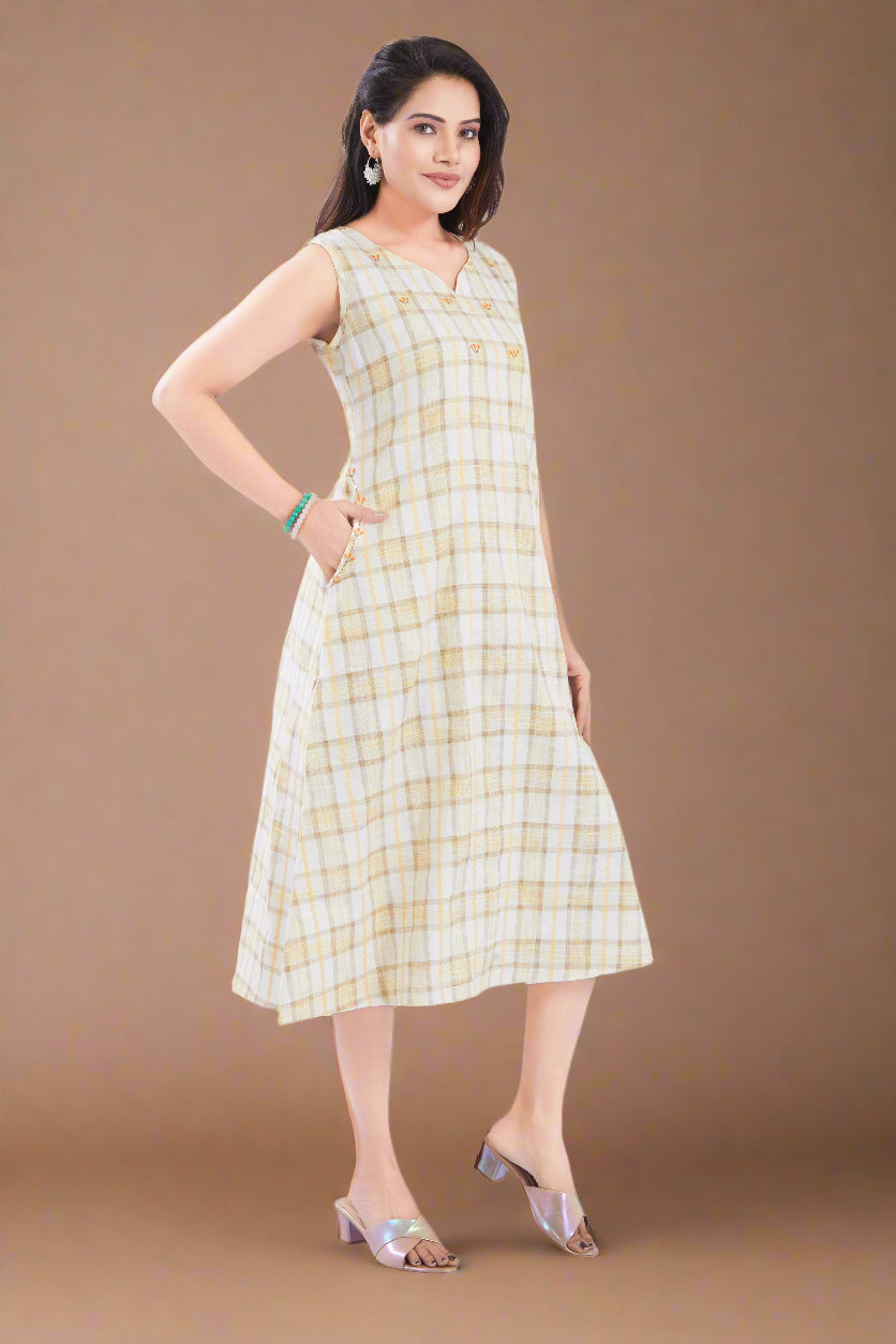 Yellow Checks Handloom Cotton Midi Dress with Pocket