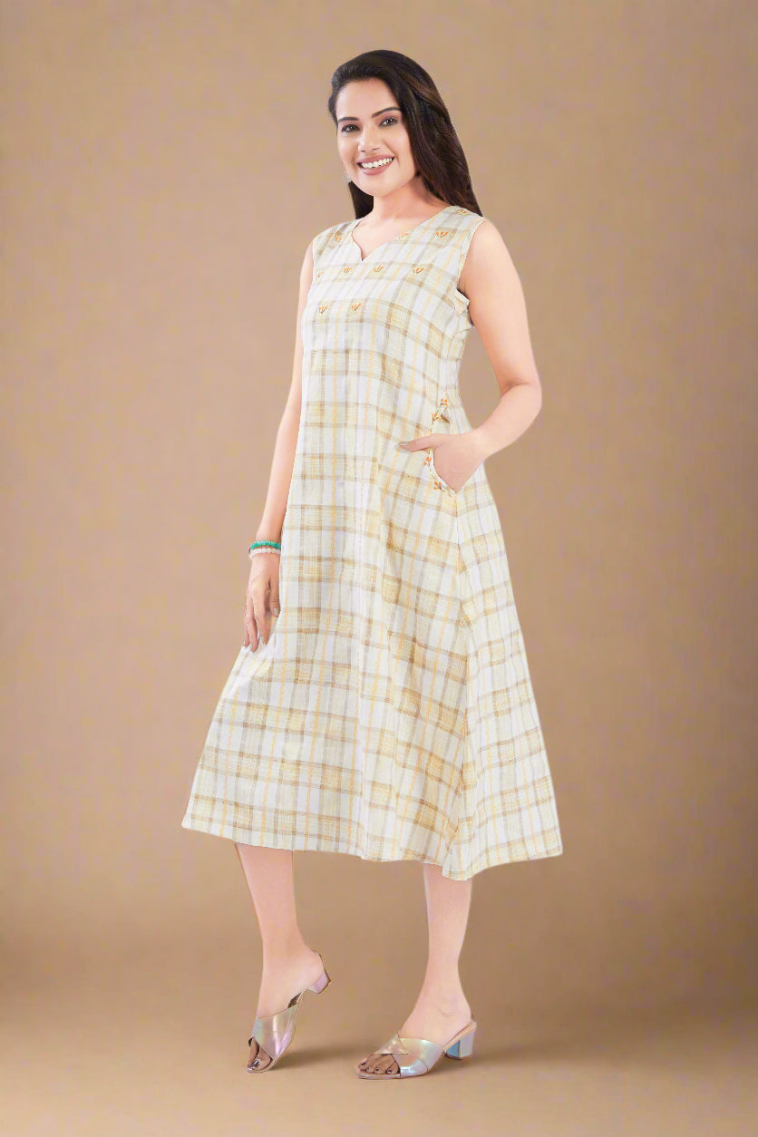 Yellow Checks Handloom Cotton Midi Dress with Pocket
