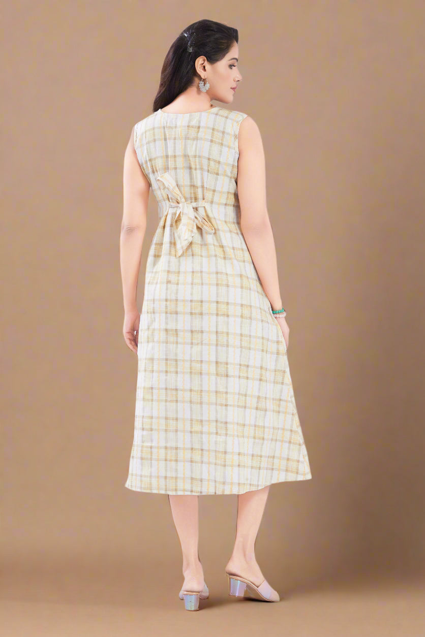 Yellow Checks Handloom Cotton Midi Dress with Pocket