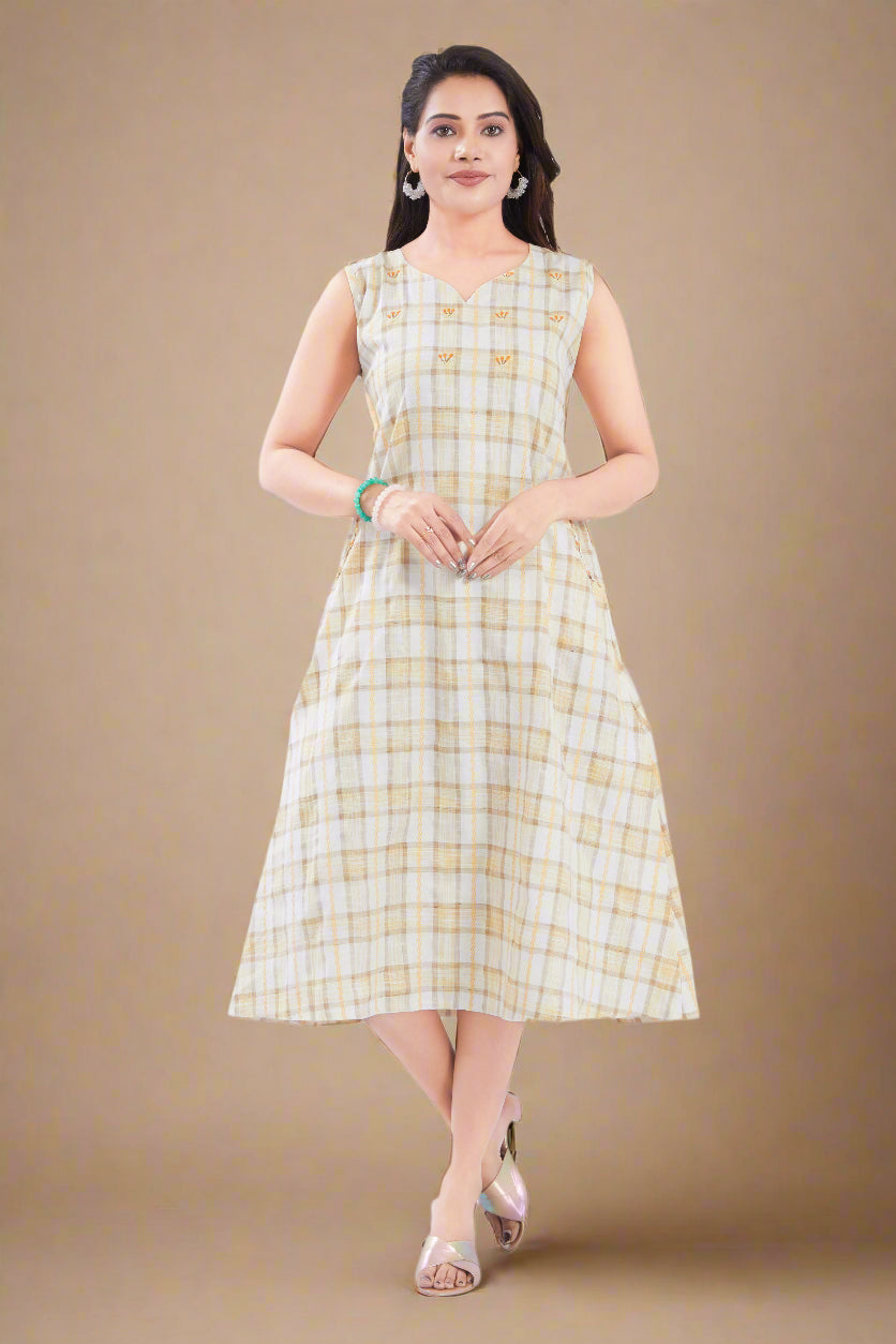 Yellow Checks Handloom Cotton Midi Dress with Pocket