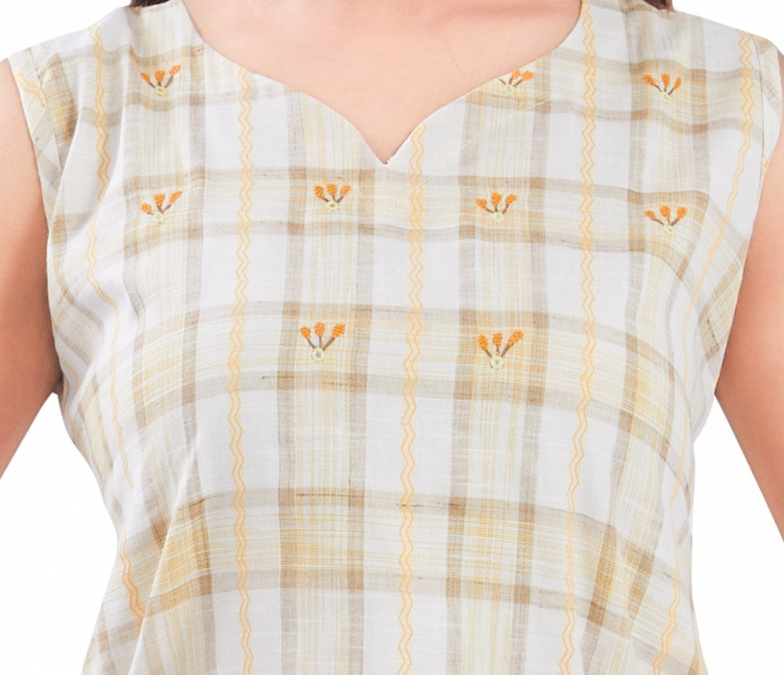 Yellow Checks Handloom Cotton Midi Dress with Pocket