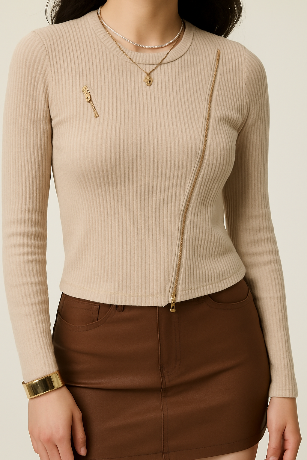 Zip Flair Ribbed Knit Top