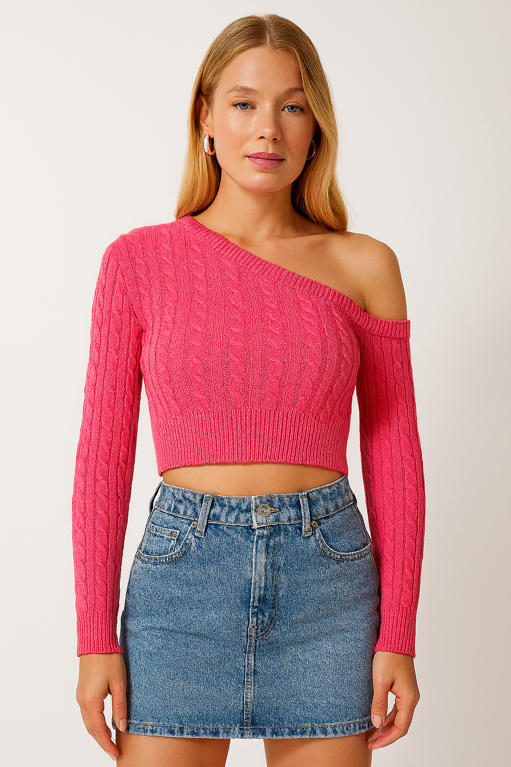 Bold & Blush One-Shoulder Chain Knit Crop Top