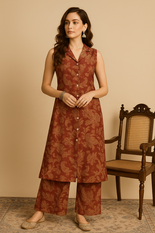 Maroon Essence Printed Kurti Set with Classic Sleeveless Cut