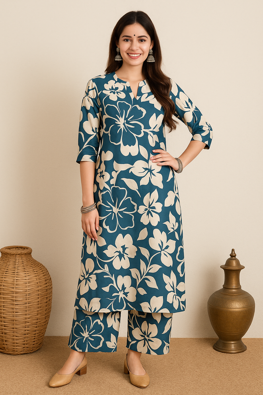 Midnight Bloom Navy Kurti Set with Bold Floral Prints