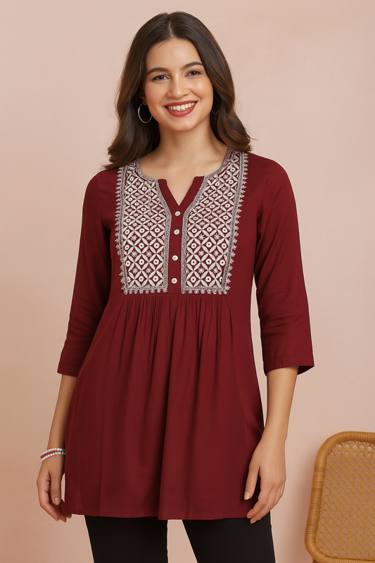 Embroidered Burgundy Flared  Top
