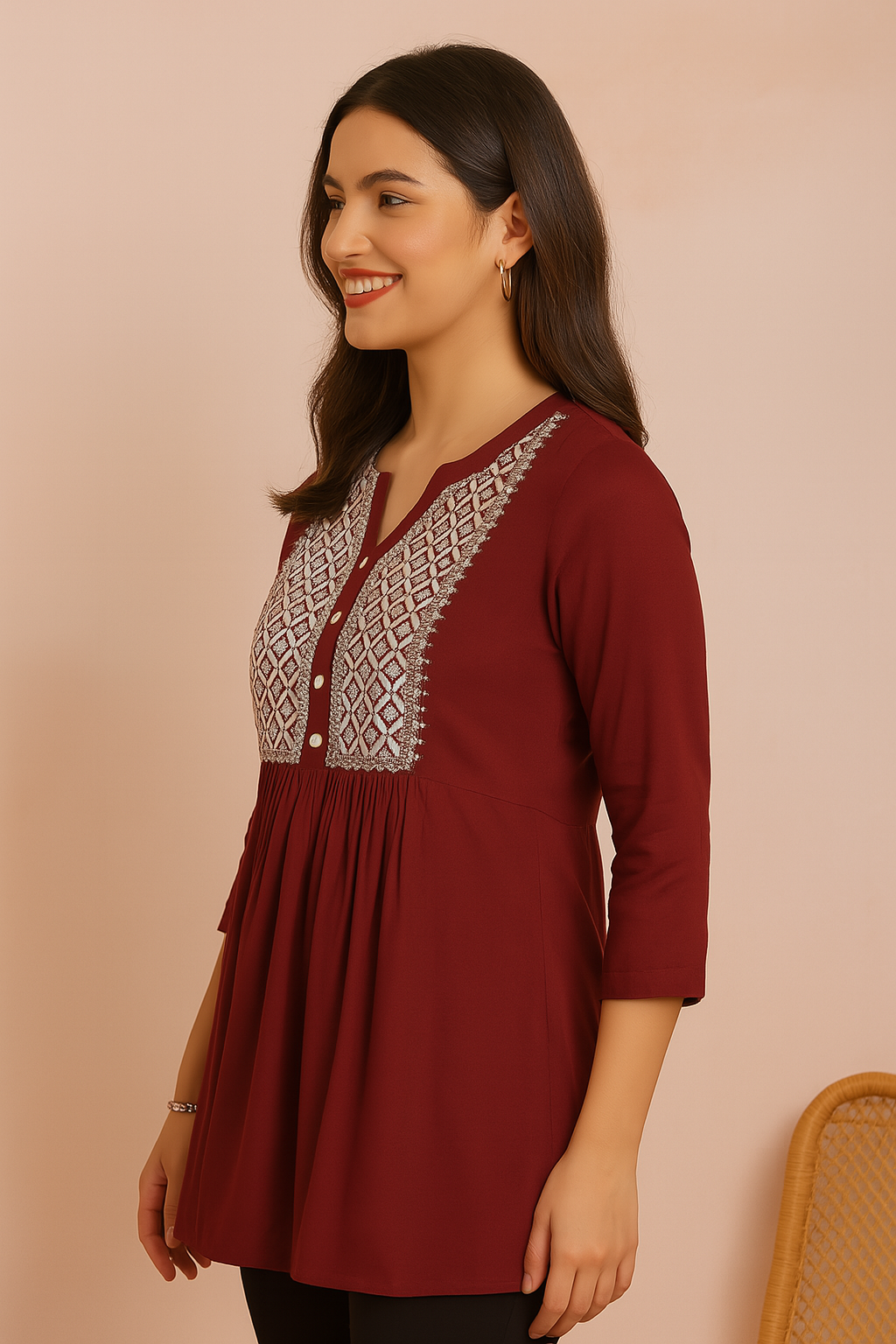 Embroidered Burgundy Flared  Top