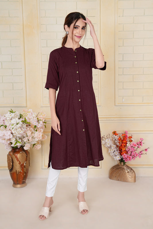 Wine Flax Cotton A-Line Kurta with Wooden Button Accents