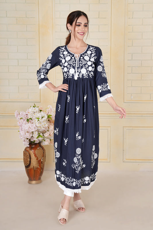 Navy Blue Floral Embroidered Cotton Kurti Dress with Lace Detailing