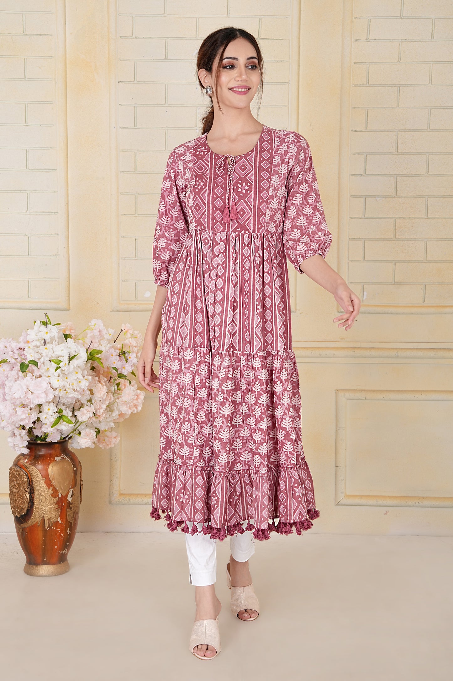 Blush Pink Dabu Print Cotton Kurti with Tassel Details