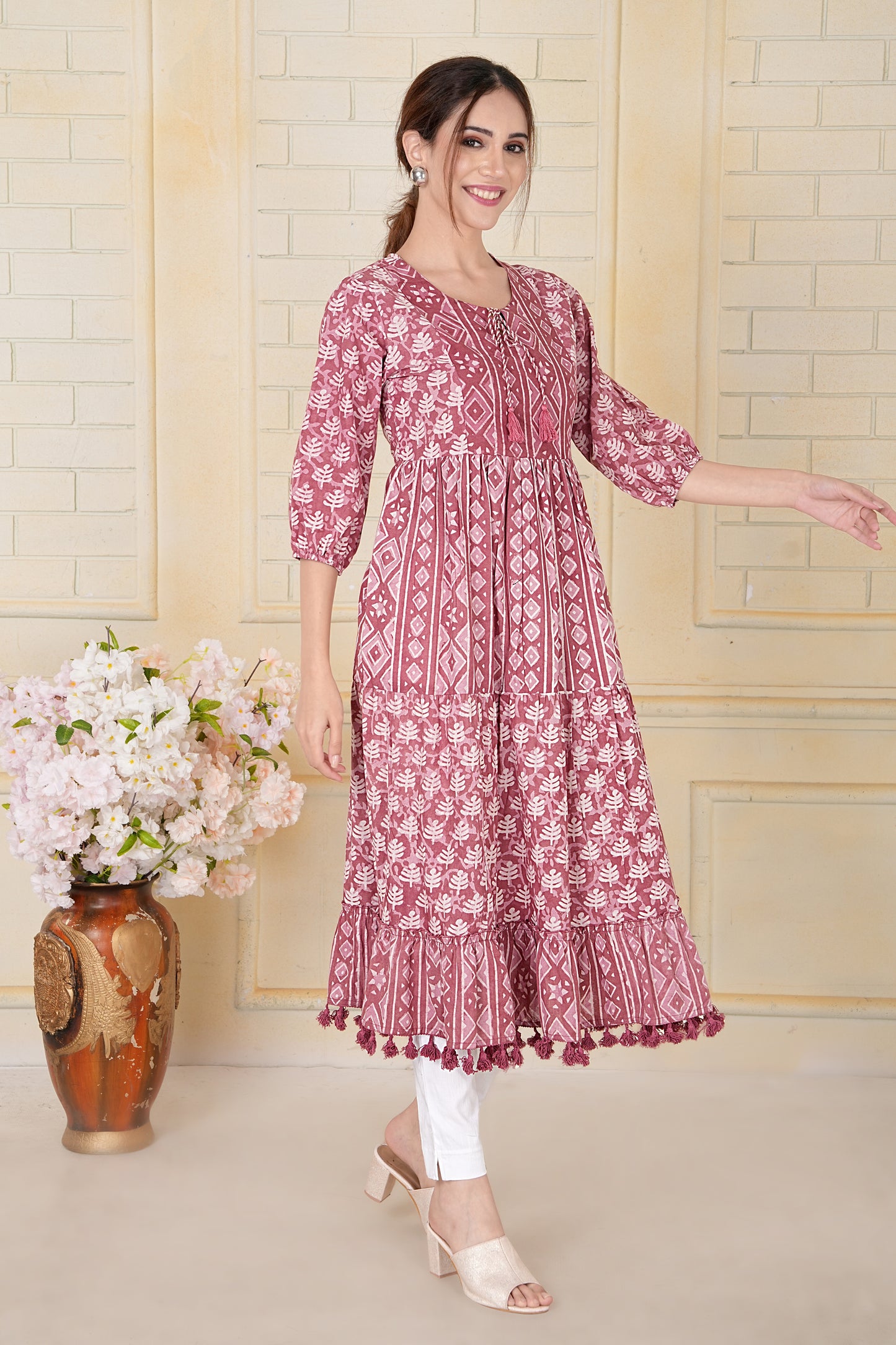 Blush Pink Dabu Print Cotton Kurti with Tassel Details