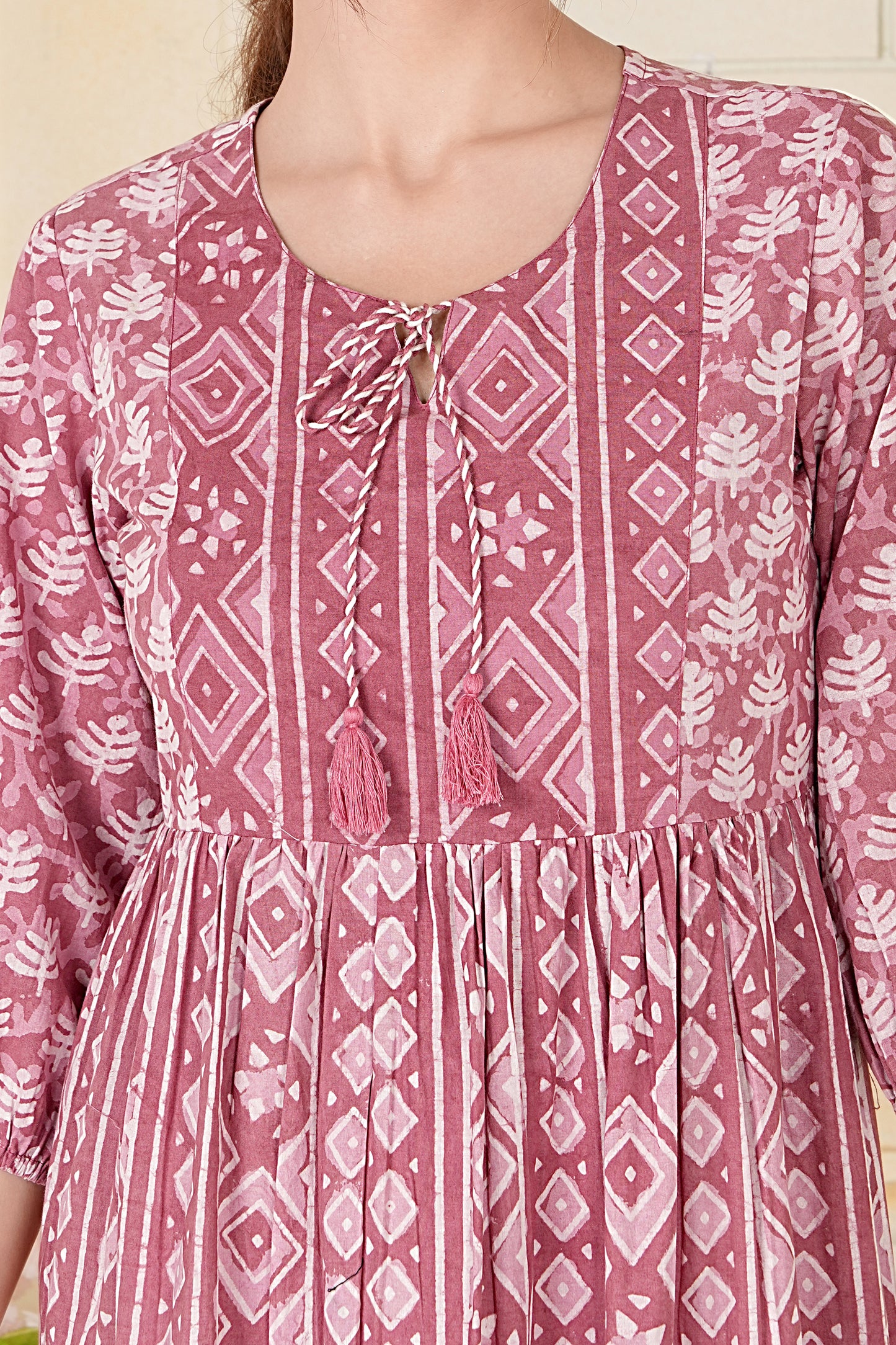 Blush Pink Dabu Print Cotton Kurti with Tassel Details
