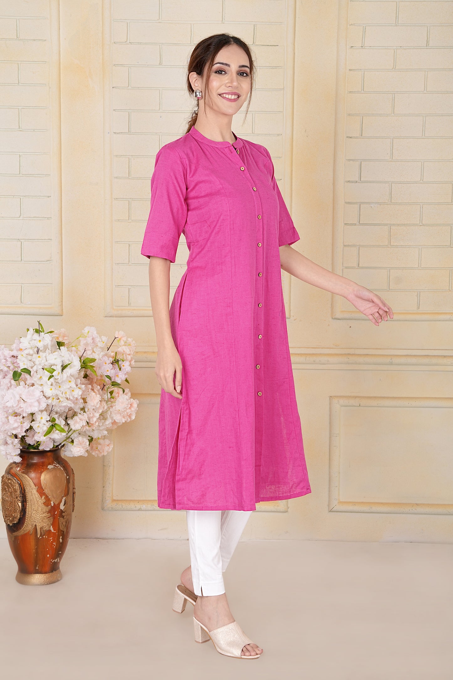 Hot Pink Flax Cotton A-Line Kurta with Wooden Button Accents