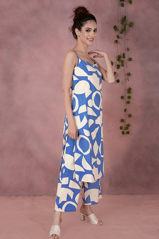 Women's Jaipuri Cotton Geometric Print Spaghetti Strap Kurta & Pant Set - Blue & Off-White