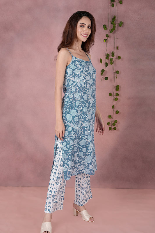 Women's Jaipuri Cotton Floral Print Kurta & Palazzo Set - Light Blue