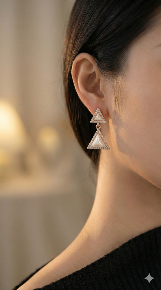 Chic Triangle Drop Earrings with White Gemstone and Crystal Border