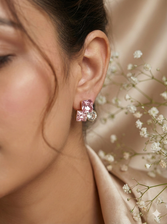 Elegant Pink & Crystal Stud Earrings – Dual Gemstone Design