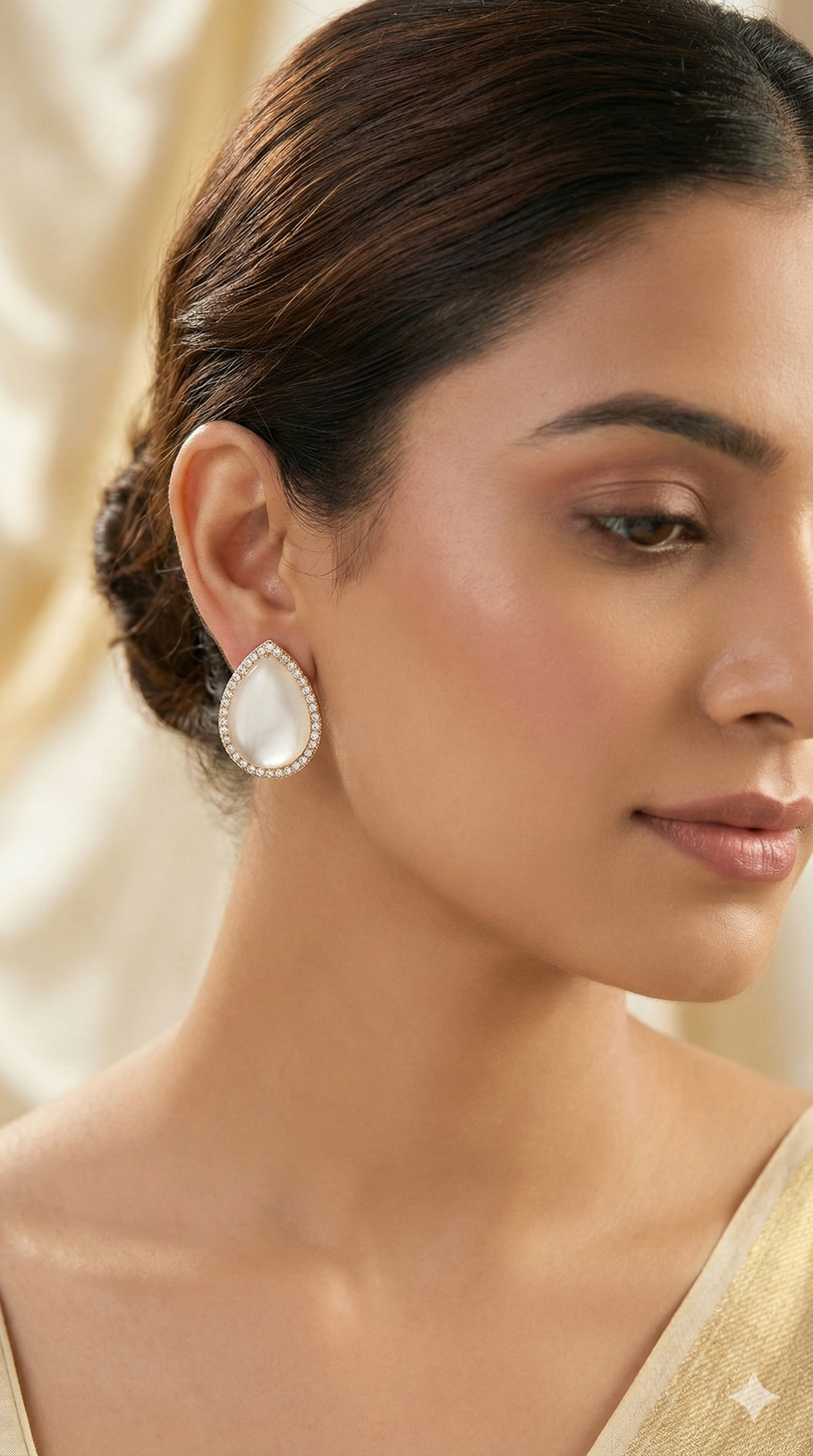 Crystal Teardrop Stud Earrings with Golden Diamond Border