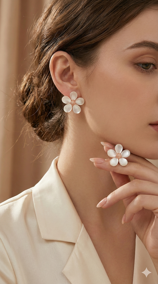 White Daisy Flower Stud Earrings with Gold-Tone Center