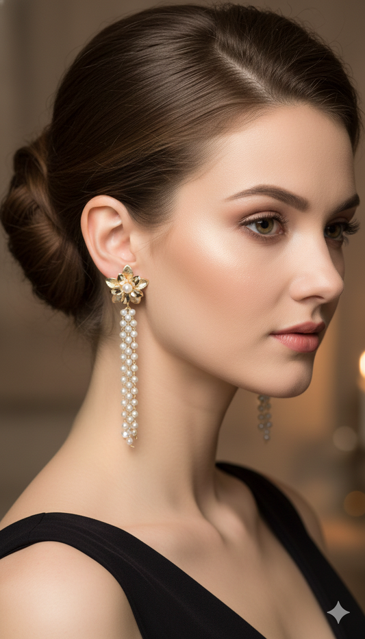 Golden Floral Pearl Cascade Earrings – Ethereal Glam