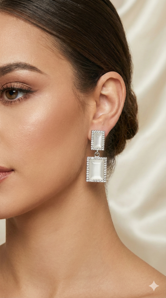 Elegant White Gemstone Square Drop Earrings