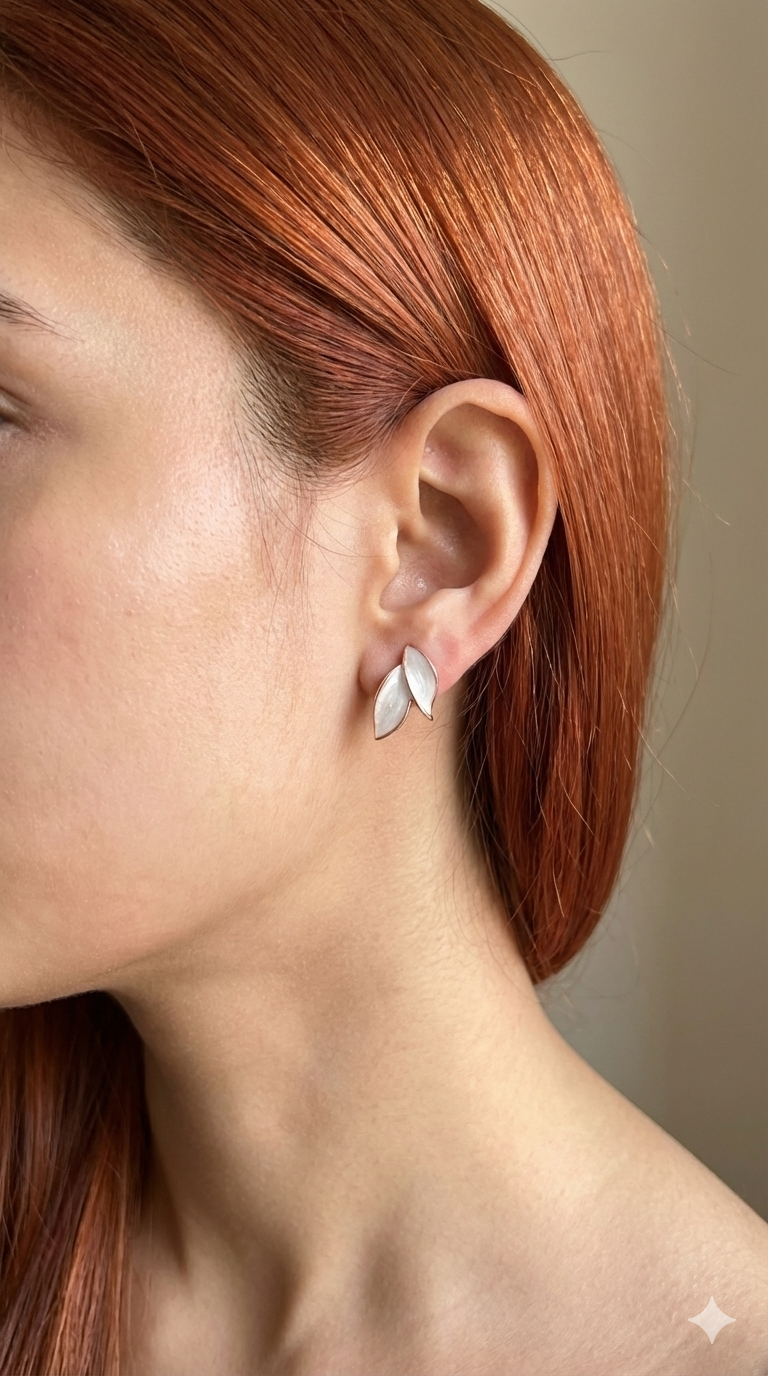 Elegant White Dual Leaf Stud Earrings – Gold Trim