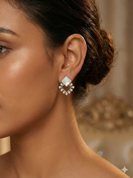Elegant Silver Square Earrings with Pearl Detailing
