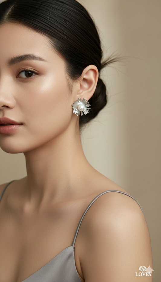 Radiant Silver Burst Pearl Stud Earrings
