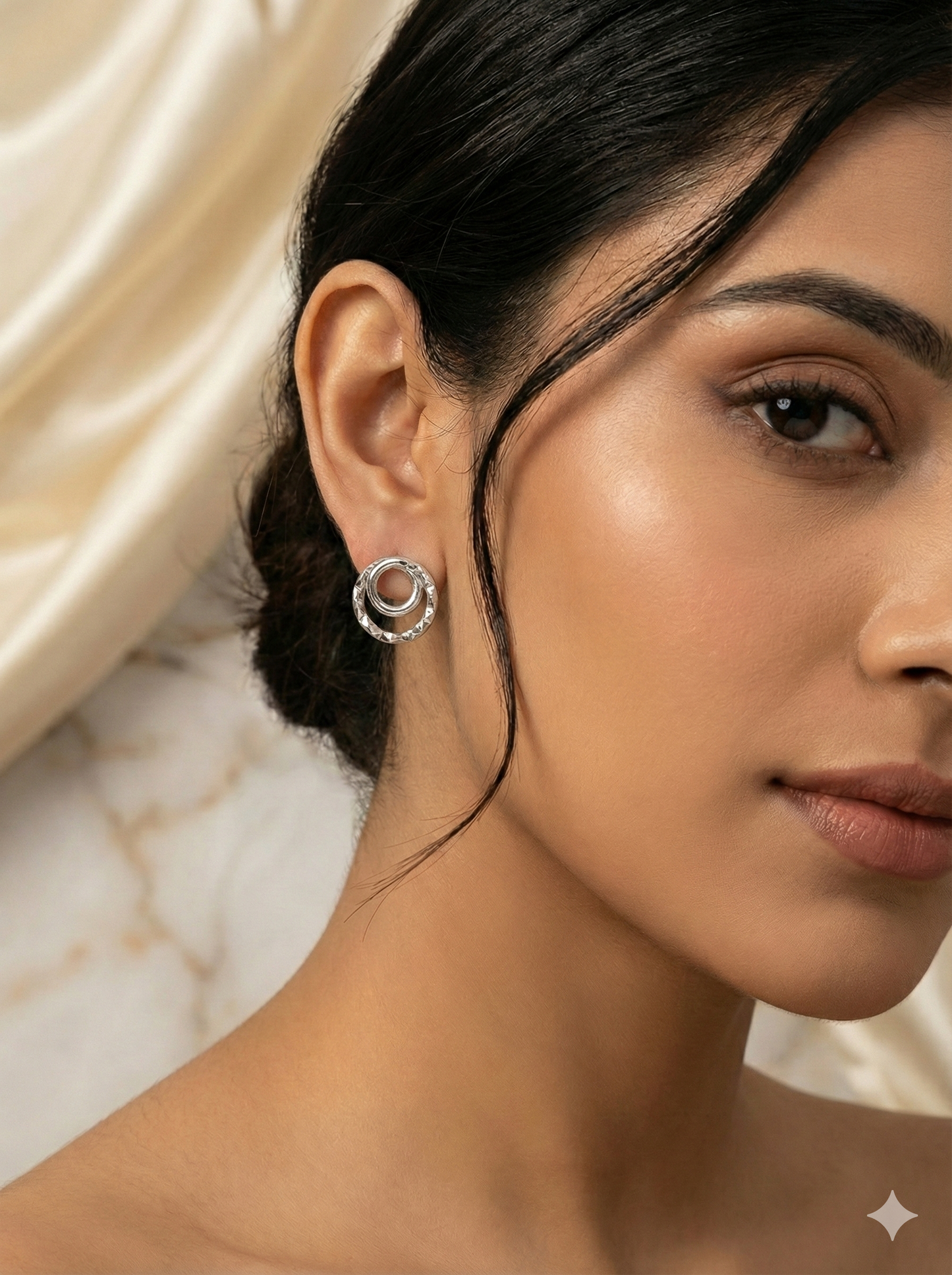 Silver Dual Ring Textured Stud Earrings