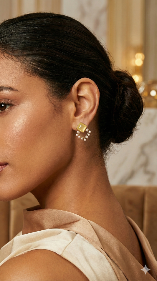 Golden Overlap Square Studs with Pearl Accents – Chic Elegance