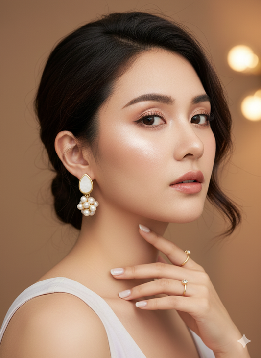 Elegant Teardrop Pearl Cluster Drop Earrings – Gold Accents