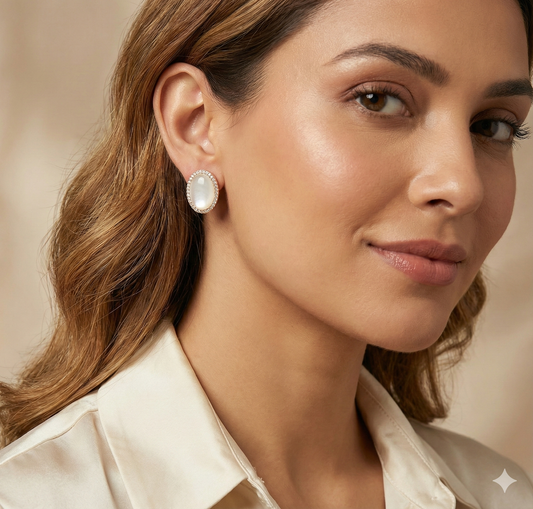 Classic White Oval Stud Earrings – Gold Rim with Diamond Accents