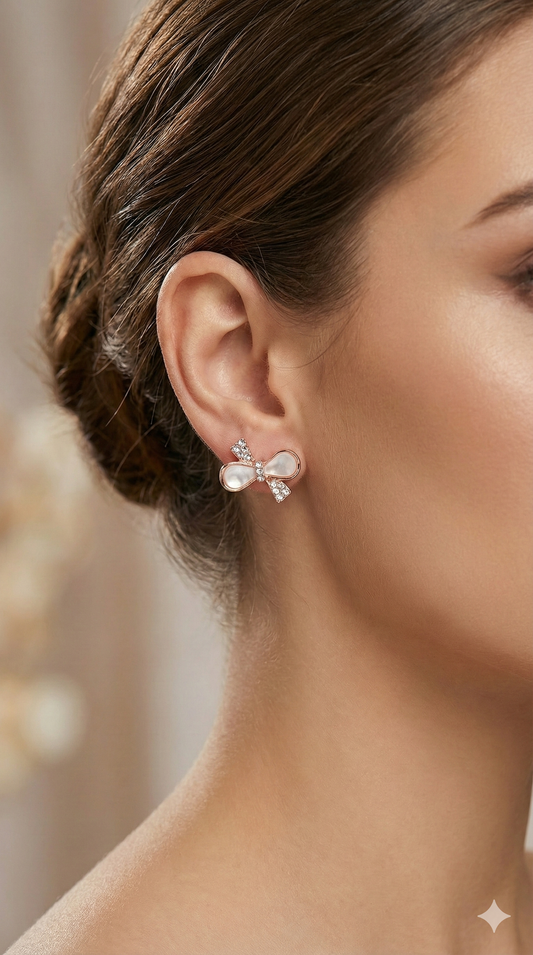 Rose Gold Bow Stud Earrings with Crystal Accents