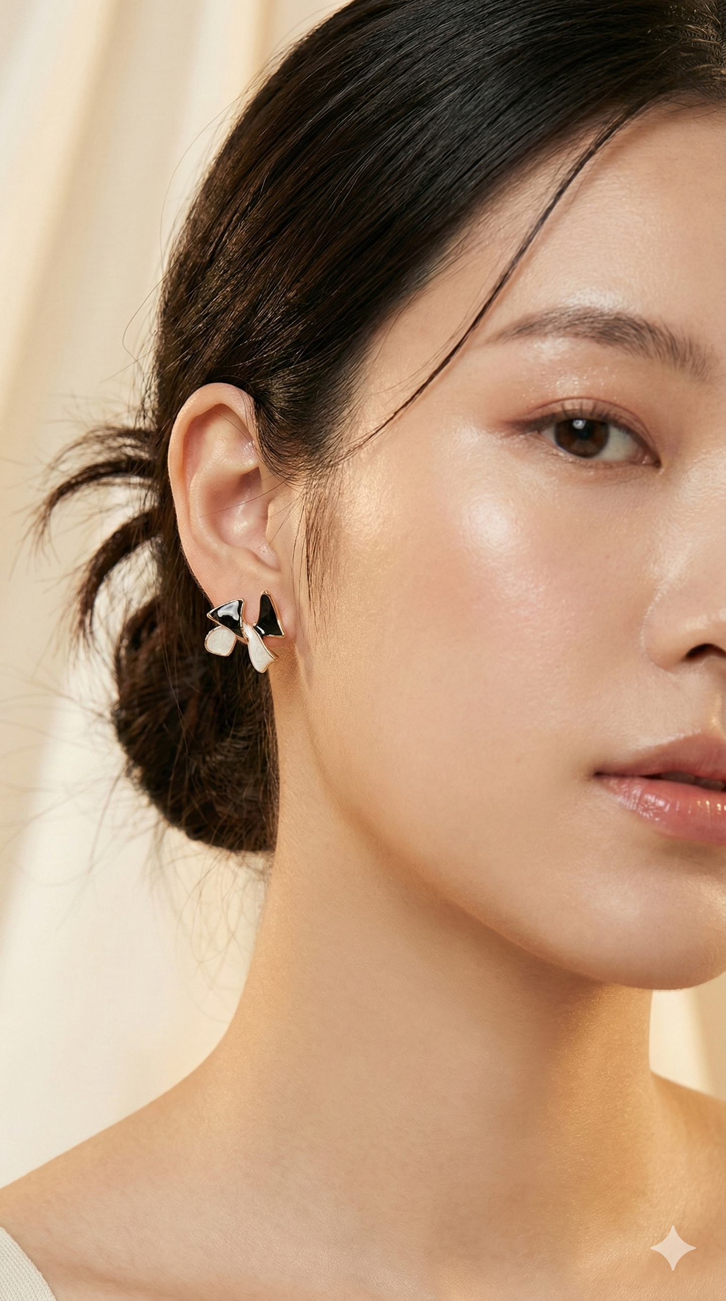 Mon Chéri Black & White Bow Stud Earrings with Gold Detail