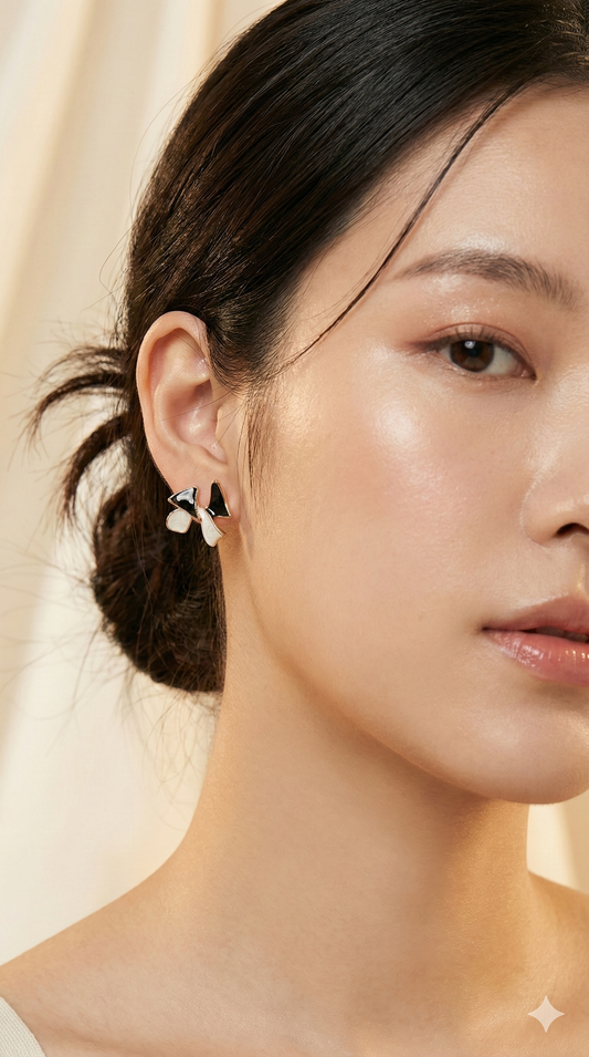 Mon Chéri Black & White Bow Stud Earrings with Gold Detail