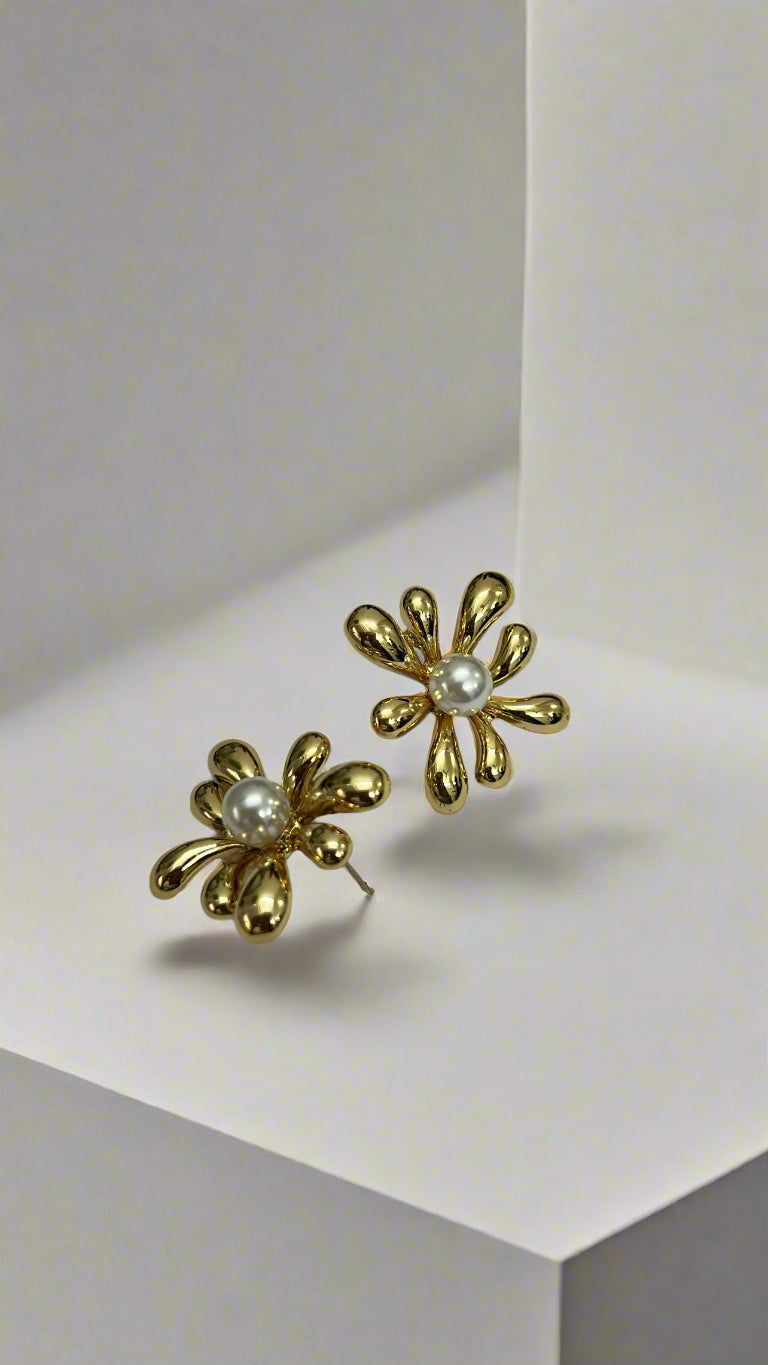 Golden Bloom Pearl Studs – Luxe Floral Chic