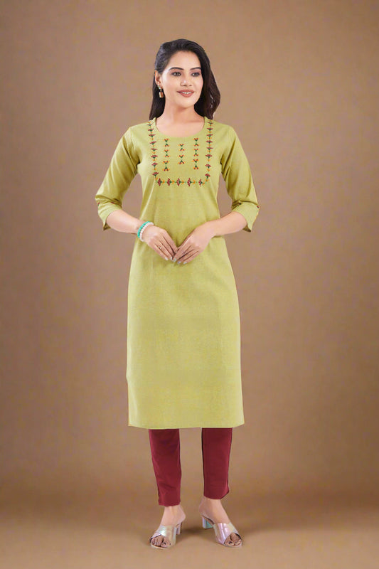Vismi Light Green Handloom Cotton Handcrafted Floral Work Kurti