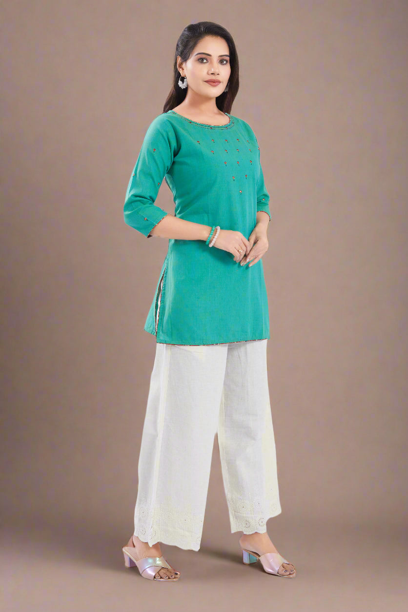 Vismi Sea Green Handloom Cotton Short Kurti for Women