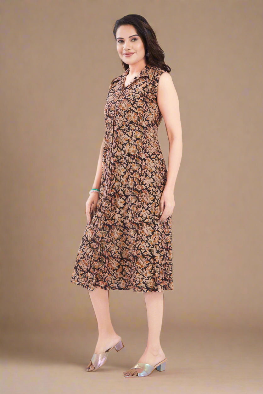 Black Cotton Kalamkari A line fit Dress for Women